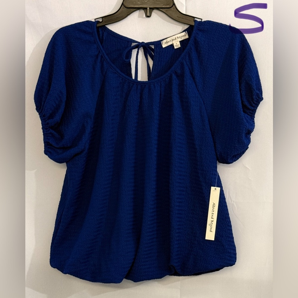 Anthropologie Navy Puff-Sleeve Tie-Back Blouse